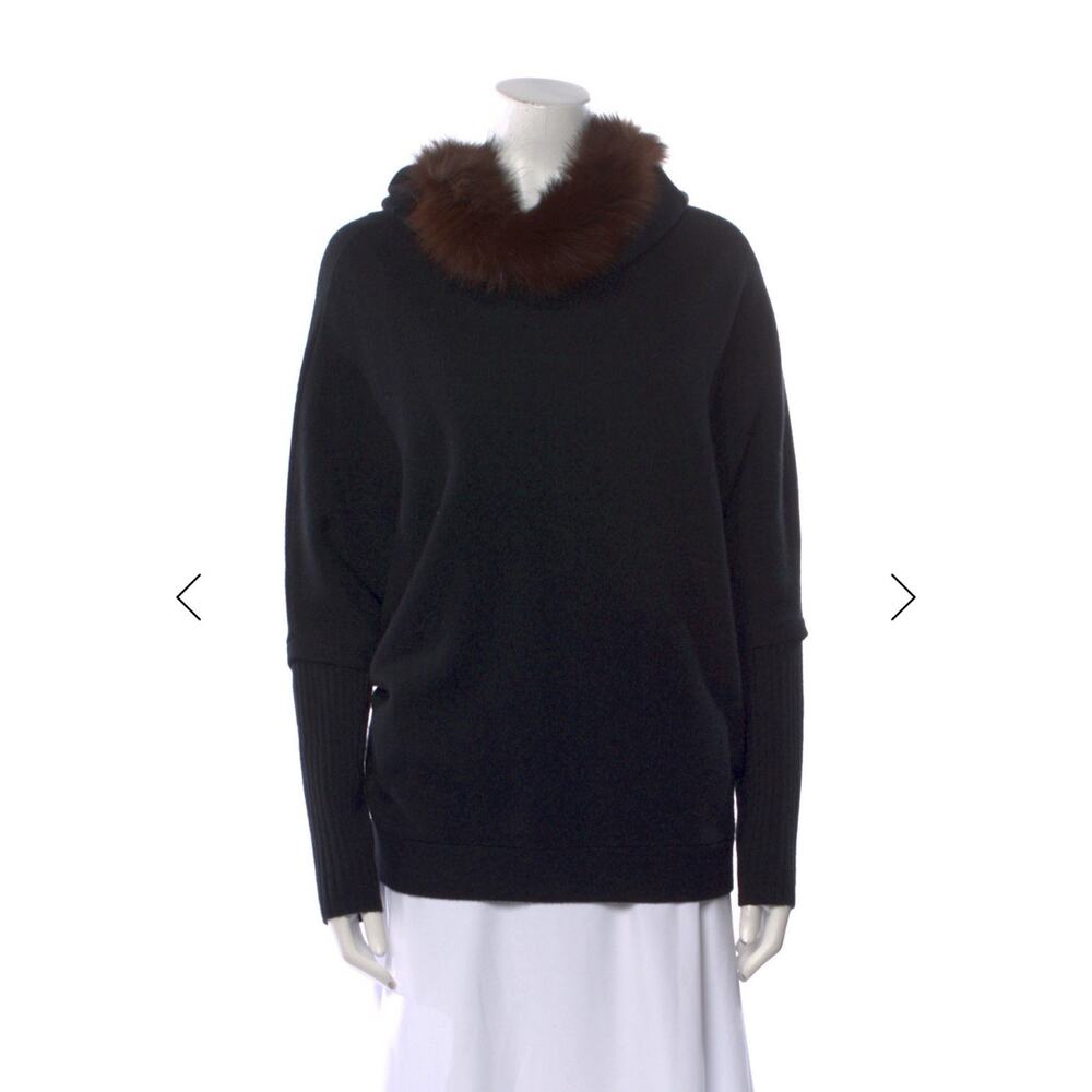 Saks Fifth Ave Cashmere Brown Fox Fur Collar Batwing Black Sweater L